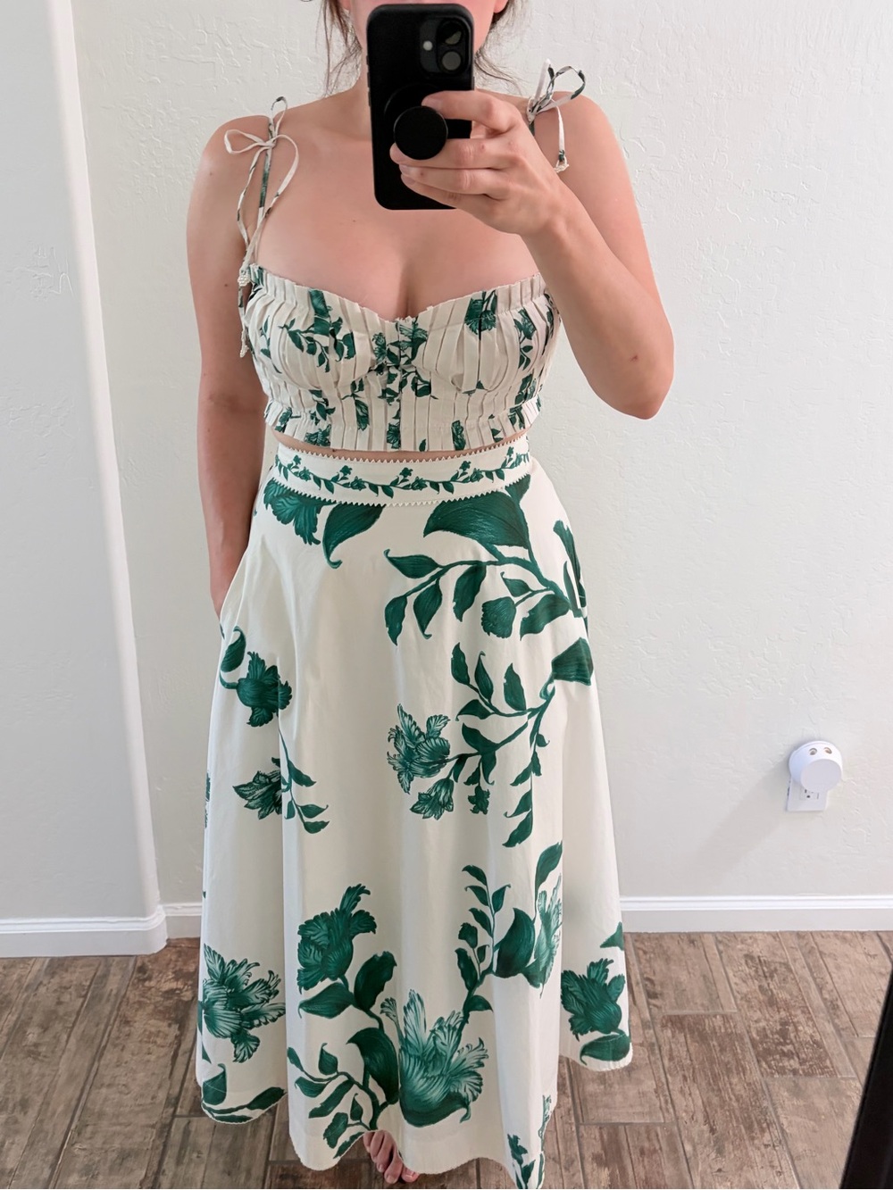 AGUA Bendita Ivory and Green Floral Tie-Strap Bodice